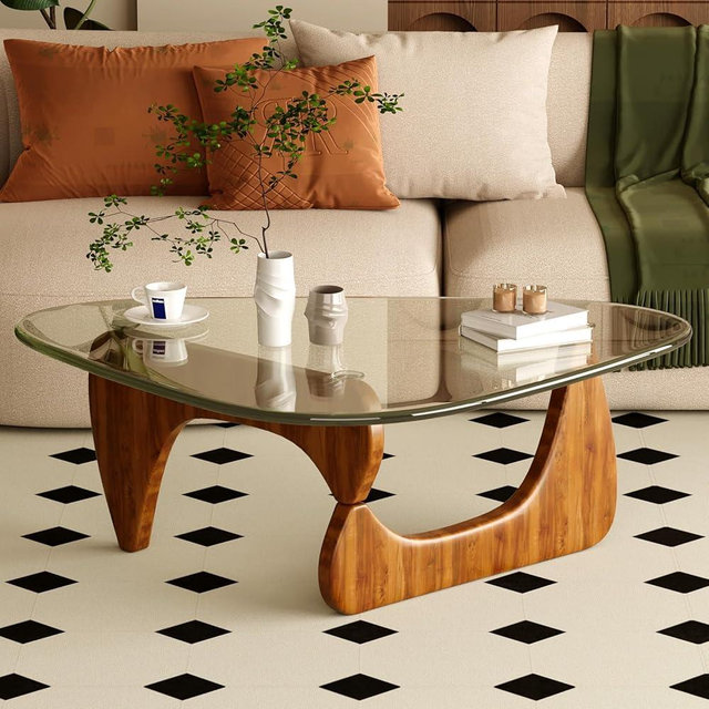 JCAJCA Coffee Table for Living Room Mid Century Modern Center Table with Glass Top, Walnut Transparent