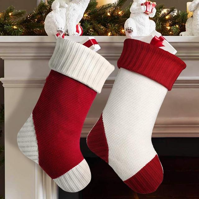 Meriwoods Christmas Stockings, 2 Pack 18 Inches Large Heavy Knit Stockings, Rustic Xmas Knitted Holiday Decorations for Country Family Home Decor, Burgundy Red & Cream White