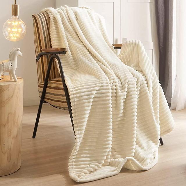 Geniospin Super Soft Throw Blanket for Couch, White Throw Blanket 50" x 60" with Strip, Cozy, Warm and Breathable Throw Blanket