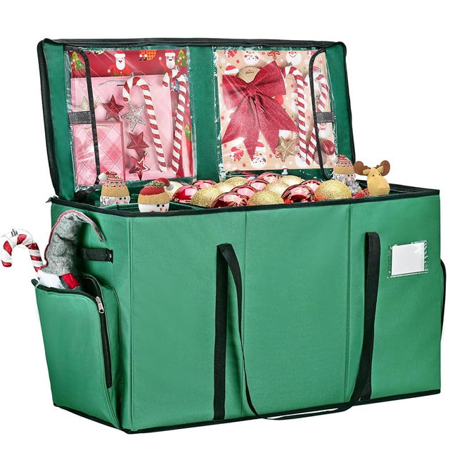 Irrantan 2-in-1 Christmas Ornament Storage Box & Xmas Figurine Container, Premium Christmas Ornament Storage Container - Holds Up to 64pcs-3” Ornaments, Adjustable Dividers, 4 Individual Trays -Green