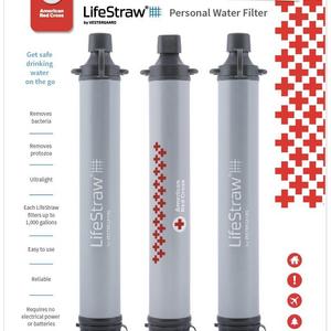 LifeStraw Personal Water Filter Hiking, Camping Travel, American Red Cross Edition (Pack of 3)