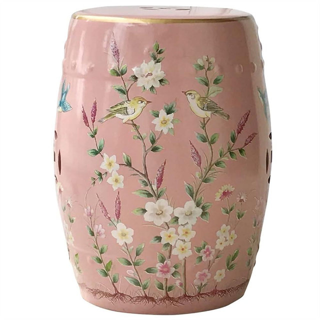 Decorative Ceramic Garden Stool, Glazed Hand-Painted Flower and Bird Shoe Changing Stool Drum Stool, Suitable for Outdoor Garden, Living Room, Terrace, Etc. (Color : Pink)