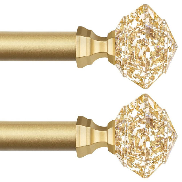 TONIAL 2 Pack Curtain Rods for Windows 48 to 84 Inch, Telescoping Splicing 3/4 Single Rods 32 to 86 Inch Decorative Drapery Rod with Translucent Diamond Finial, Luxury Gold