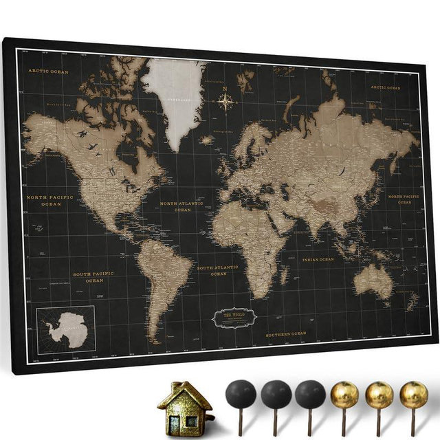 Canvas World Map with Cork Pin Board - English Lettering - Decorative Wall Decoration for All Rooms - Canvas Pictures with World Map Motif (70x50 cm, Pattern 6)