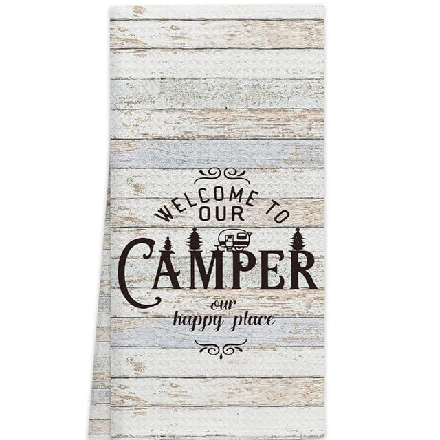 OHSUL Welcome to Our Camper Our Happy Place Camping Kitchen Towels Dish Towels Dishcloth,Funny Camping Hand Towels Tea Towel for Bathroom Kitchen RV Camper Trailer Decor,Campers Camping Lovers Gift