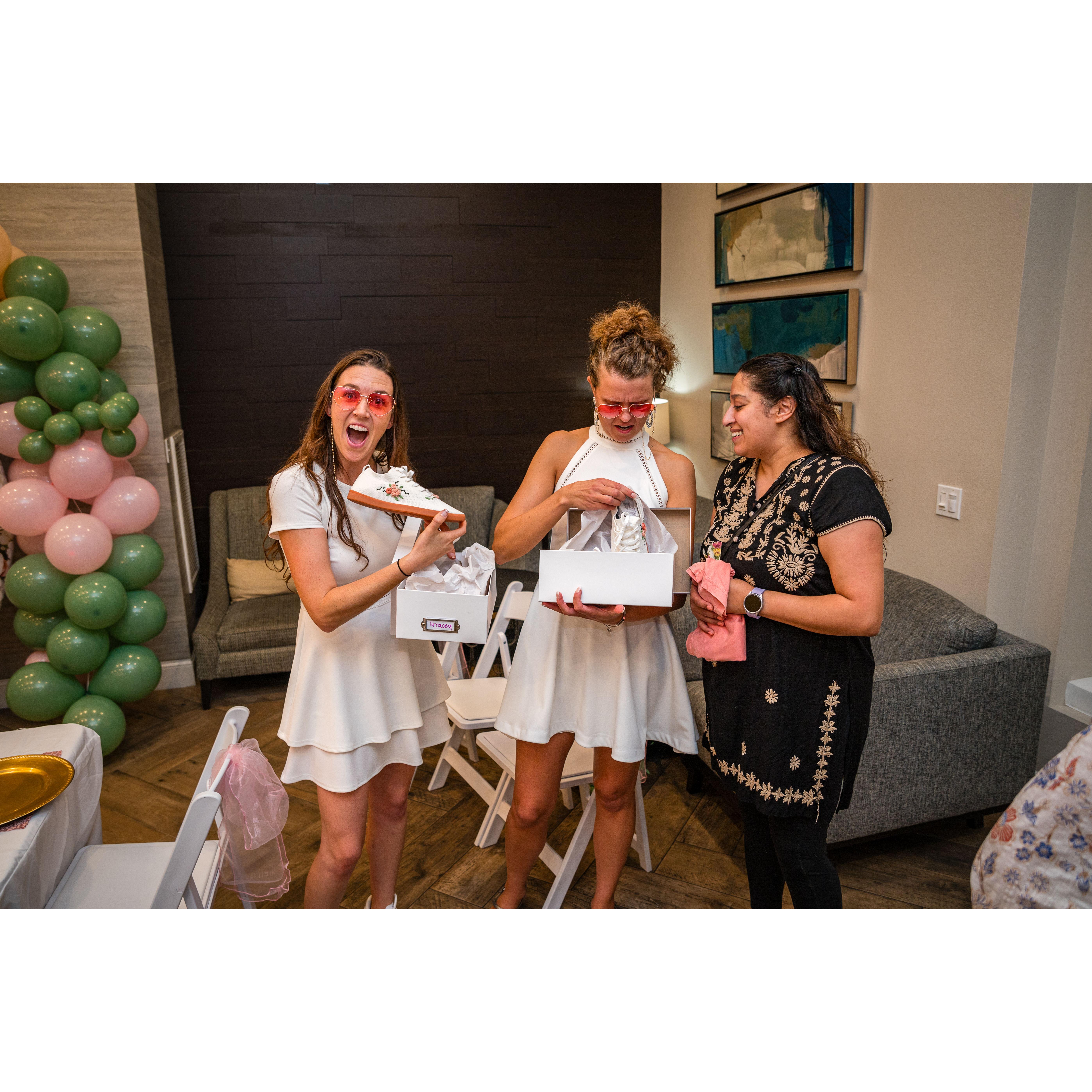 Our friends Anthony and Anna gifted us our wedding shoes; hand-embroidered by Anna (pictured here)!