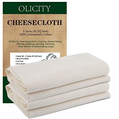 Olicity Cheesecloth, Grade 90, 45 Square Feet, 100% Unbleached Cotton Fabric Ultra Fine Cheesecloth for Cooking, Strainer, Baking, Hallowmas Decorations (5 Yards)