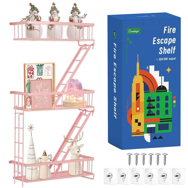 SweetSage Fire Escape Shelf - Pink Wall Decor Floating Shelves, Cute Metal Ladder Shelving for Bedroom, Home Decor Display (3-Tier)