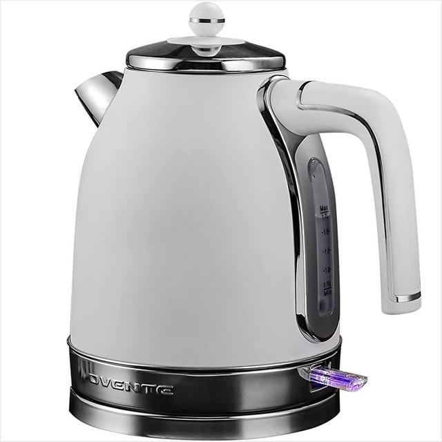 Ovente Electric Stainless Steel Hot Water Kettle 1.7 Liter Victoria Collection, 1500 Watt Power Tea Maker Boiler with Auto Shut-Off Boil Dry Protection Removable Filter and Water Gauge, White KS777W