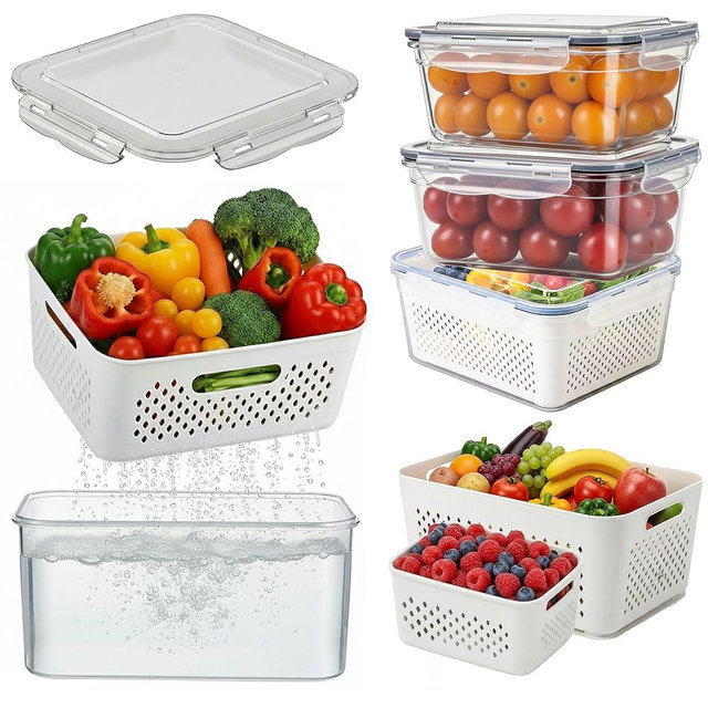 5 Pack Large Fruit Storage Containers for Fridge with Removable Colander-Plastic Food Storage Containers with Lids Airtight-Leak Proof Refrigerator Organizers and Storage of Vegetable -Produce Storage