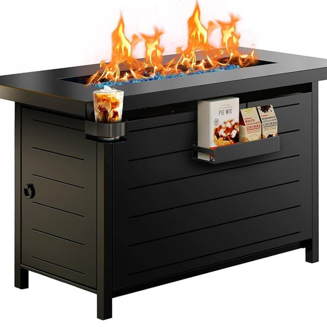 Ciays 43″ Fire Pit Table with Glass Beads & Lid, CSA-Certified Gas Fire Pit with Cup Holders, Hanging Shelf & Nylon Cover, Large Outdoor Fire Pit for Patio/Porch/Deck, 60,000 BTU Heat Output, CIFPT9B