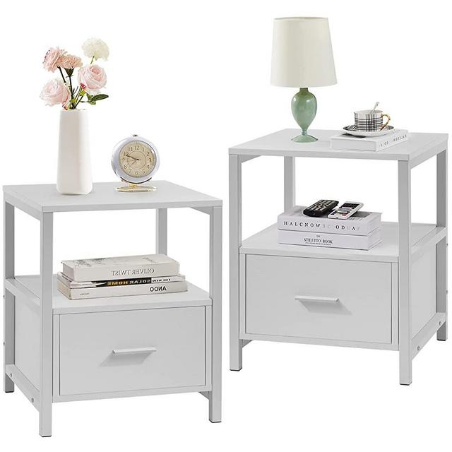 VECELO Nightstand Set of 2, Modern Square End Side Table, Night Stands with Drawer and Storage Shelf for Bedroom, Living Room, Study Metal Frame, 2 Pack, White