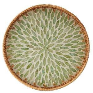 Round Rattan Tray with Mother of Pearl Inlay, Rattan Serving Tray with Wooden Base, Decorative Wicker Basket for Table Decor, Storage and Display of Coffee Bread Food Fruit (Leaf)