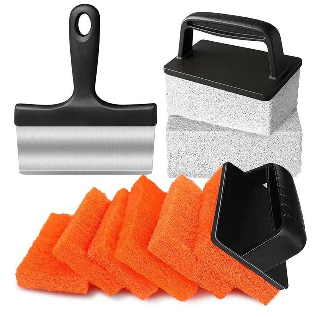 Griddle Cleaning Kit for Blackstone,11 Pieces Flat Top Grill Cleaning Kit with Grill Stone,Griddle Scraper,Scouring Pad and Handles,Cleaner Tool Set Griddle Accessories for Rusty Grills [Black+Orange]