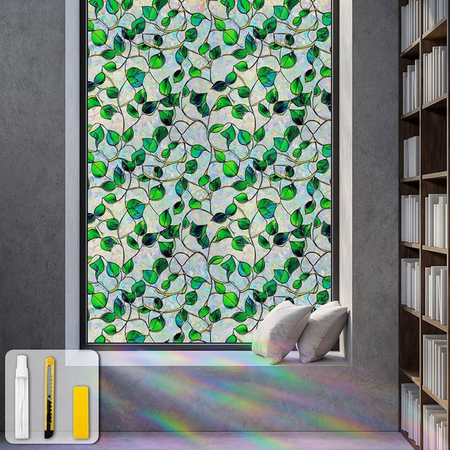 Window Privacy Film Static Cling Sticker Rainbow Window Film Glass Decals with Iridescent Effect, Removable Nature Pattern Tint for Home Bathroom Door Car Windows(Blue & Green pothos Botanical Design)