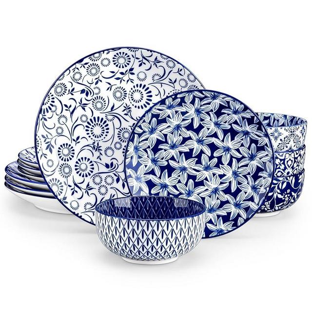 vancasso SELENE Plates and Bowls Set for 4, 12 Pieces Dinnerware Sets, Mircowave and Dishwasher Safe Dishes Set, Porcelain Blue Kitchen Set