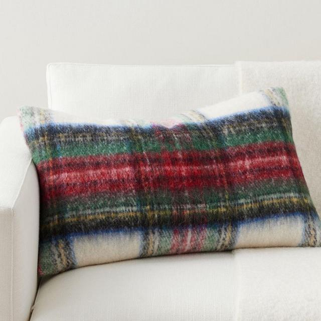 Stewart Plaid Lumbar Pillow Cover, 16x26", Ivory Multi
