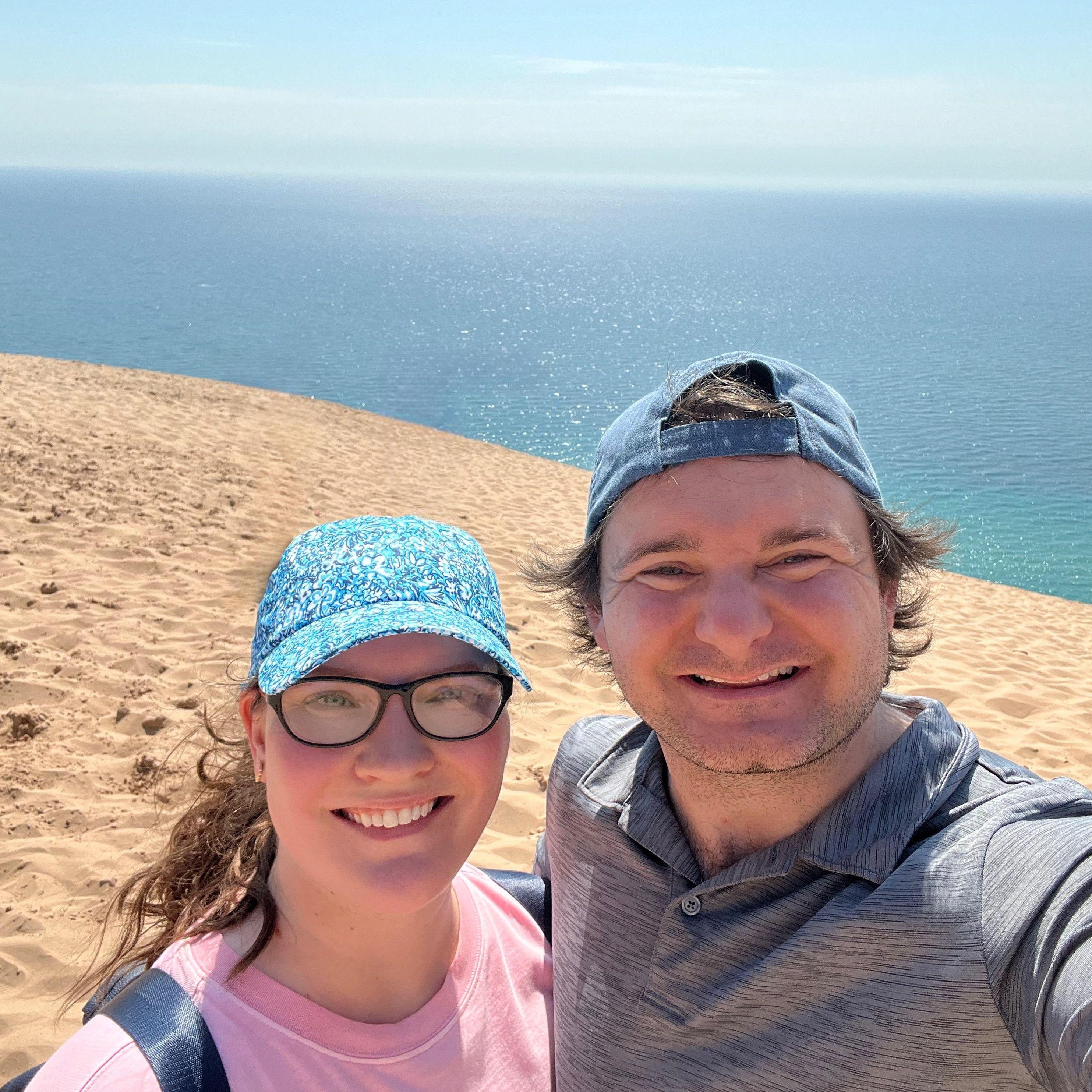 Overlooking Lake Michigan at the Sleeping Bear Dunes Overlook in Empire, Michigan July 2023