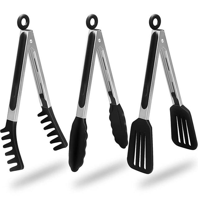 HST Tongs for Cooking with Silicone Tips(3 Pack), Non Stick Kitchen Tongs with Silicone Tip for Cooking BBQ Baking (9", Black)