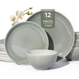 Stoneware Dinnerware Sets, Ceramic Plates and Bowls Set, Microwave & Dishwasher Safe Kitchen Dish Set, Modern Dinner Salad Plates | Cereal Bowls for 4, Dishware Sets Gray Green