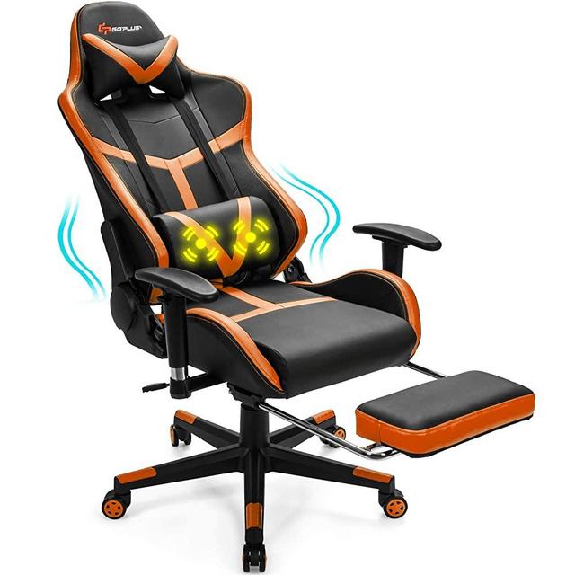 POWERSTONE Massage Gaming Chair Recliner - Racing E-Sports Computer Chair with Footrest Lumbar Support and Headrest Ergonomic Office Chair PU Leather High Back Adjustable Swivel Chair, Orange