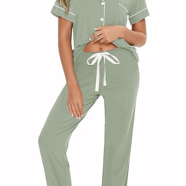 WJing Yi Jia Womens Soft Pajamas Set XS-XXL Button Down Sleepwear Short Sleeves Pajama sets with Long Pants Pj Set Nightwear
