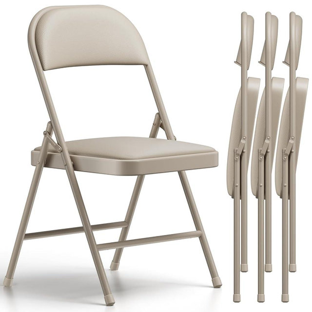 Folding Chairs 4 Pack, PU Leather Padded Folding Chairs for Outside and Indoor, Heavy Duty Portable Foldable Metal Commercial Seat for Home Office, Dorm, Party, Backyard, Lawn, Patio, Khaki
