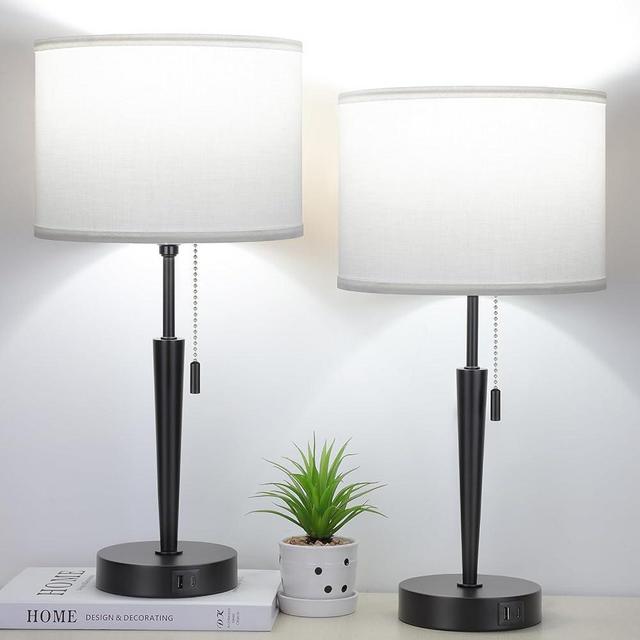 GGOYING Set of 2 Nightstand Lamp, Pull Chain Bedside Table Lamp with USB C+A Charging Ports, 5000K LED Bulbs, White Fabric Lampshade for Bedroom, Livingroom, Office Lighting (Bulbs Included)