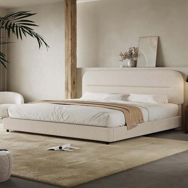 HOMBCK King Size Boucle Bed Frame, Upholstered Cloud Bed Frame with Headboard, Soft Platform Bed Frame with Thickened Footboard, Rounded Corners, No Box Spring Required, Easy Assembly, Cream