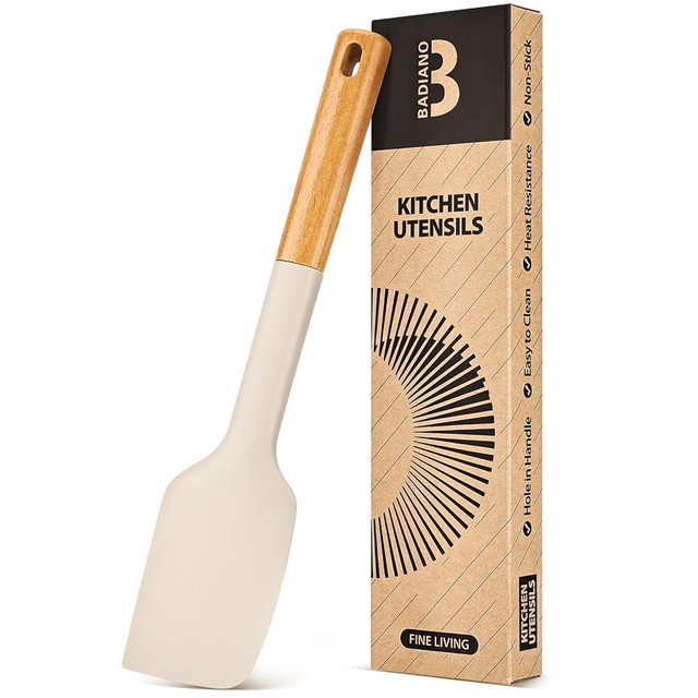 Silicone Heavy-Duty Spatula, Great For Tough Mixing And Stirring, Sturdy Bpa-Free Matte Silicone, Wooden Handle Rubber Scraper For Nonstick Cookwares (KHAKI)