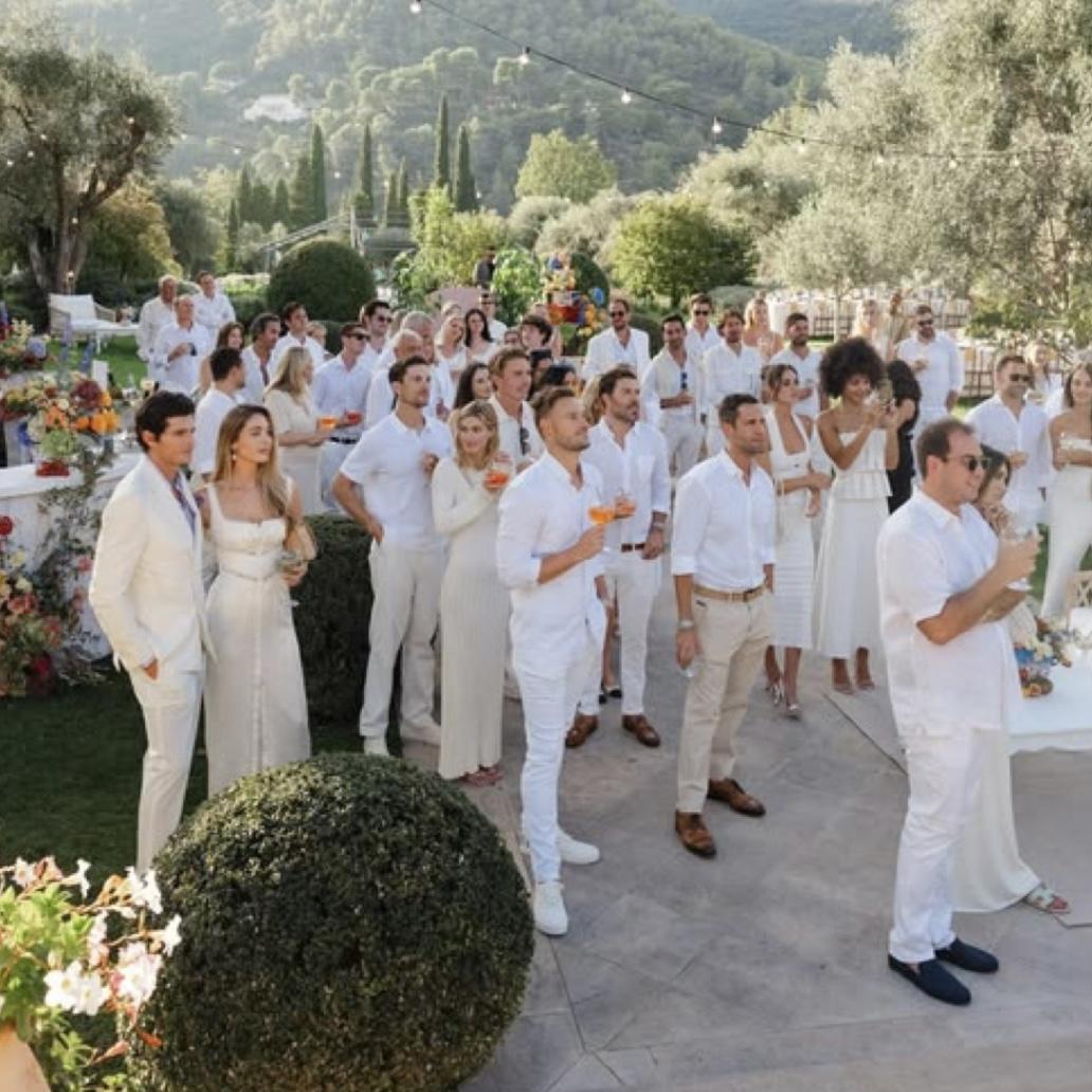 Welcome party attire: white, tan/khaki