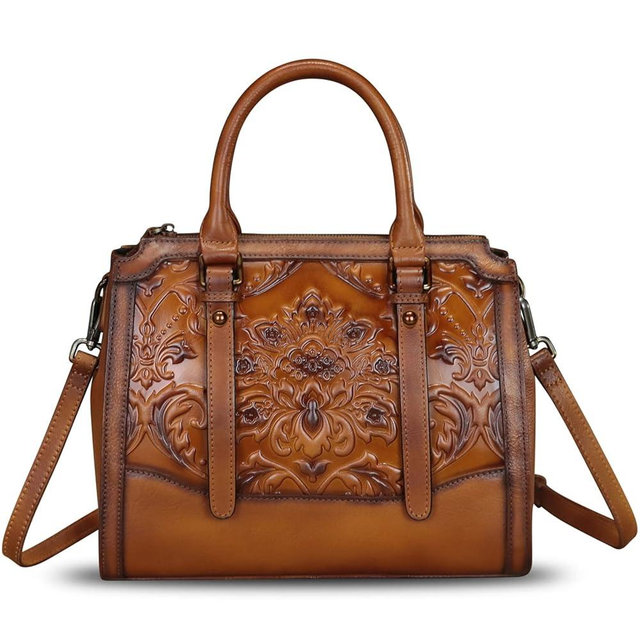 Genuine Leather Satchel for Women Embossed Leather Top Handle Bags Handmade Purse Vintage Crossbody Handbags Hobo Bag