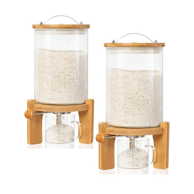 HBlife 5-7 Lbs Glass Rice Dispenser with Wooden Stand Flour and Cereal Container with Glass Measuring Cup Pantry Food Organization Storage Bin with Airtight Bamboo Lid, 3L (2 Pack)