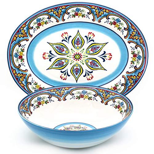 EuroCeramica YS-ZB-1021 Zanzibar Oval Platter and Serving Bowl, Lightweight Durable Servingware Set, 2-Piece, Spanish Floral Design, Fall Decor, Multicolor Blue
