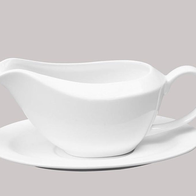 HomeVss, Bone China Coupe Shape, Elegance White Gravy Boat With Saucer Set
