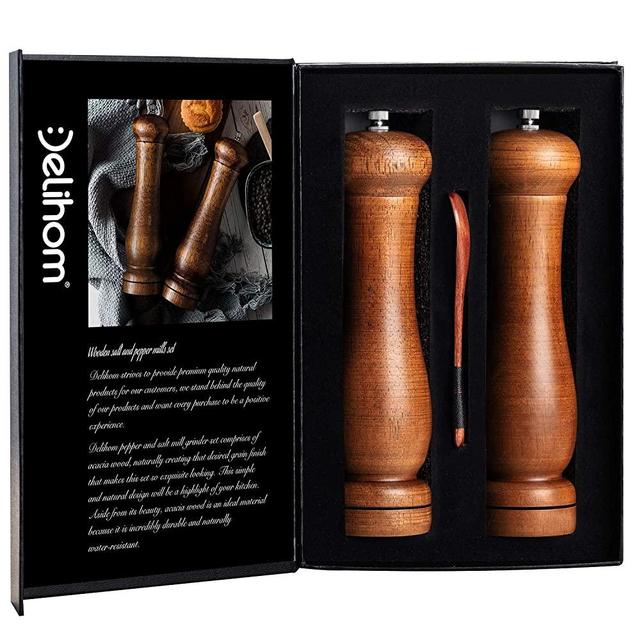 Delihom Premium Oak Salt and Pepper Grinder Set 8 inch Antique Wooden Salt and Pepper Mill Set with Wooden Spoon in Elegant Gift Box