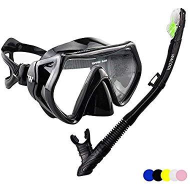 WACOOL Snorkeling Package Set for Adults, Anti-Fog Coated Glass Diving Mask, Snorkel with Silicon Mouth Piece,Purge Valve and Anti-Splash Guard.
