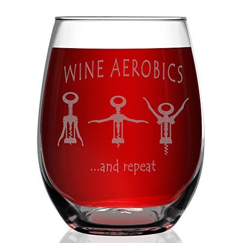 Shop4Ever Wine Aerobics Corkscrew Laser Engraved Stemless Wine Glass ~ Funny Gift for Mom Bestfriend Coworker Boss Sister ~ (15 oz.)