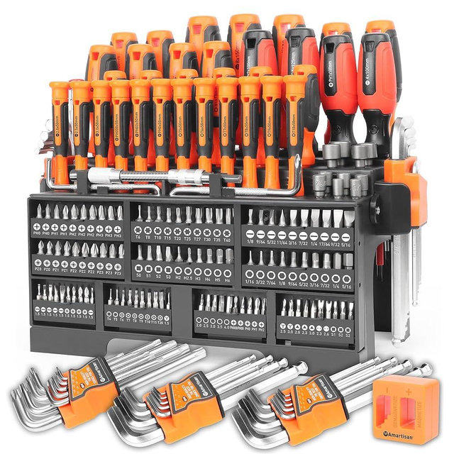 Amartisan 175-piece Magnetic Screwdrivers Set Plastic Racking, DIY Tools Set Tools for Men Tools Gift, Includs Precision screwdriver, Magnetizer, Key Set, Nut Driver and Bit Set