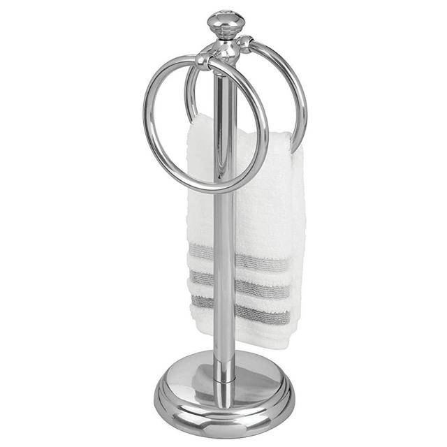 mDesign Steel Towel Rack Holder Stand with 2 Hanging Rings for Bathroom Vanity Countertops - Space Saving Hand Towel Holder - Hyde Collection - Chrome
