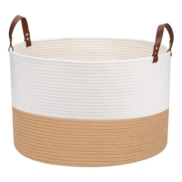 homdiy Hombins Extra Large Blanket Basket Cotton Rope Basket - Decorative Storage Basket Round Laundry Basket with Handles for Pillows, Towel, Clothes, 20''X13'', Brown&White