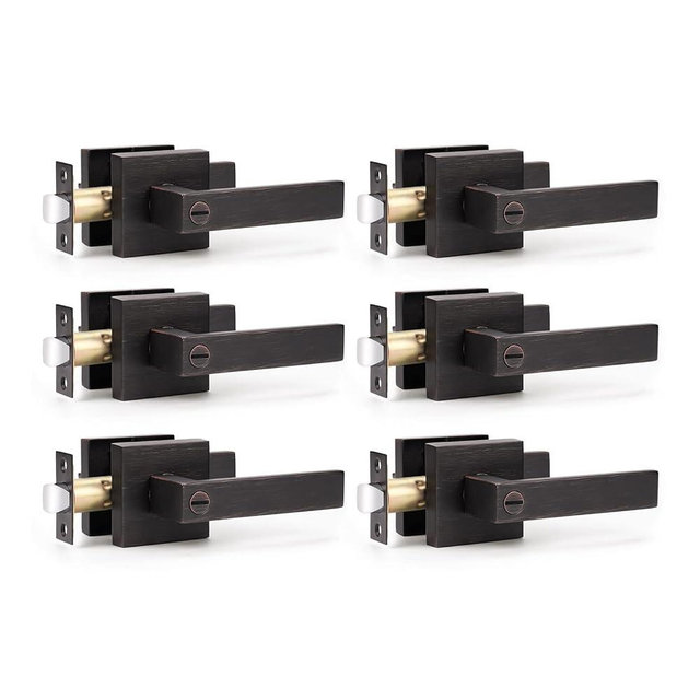 KNOBWELL 6 Pack Door Handles Bronze, Privacy Door Lever Bed and Bath Leverset Lockset, Left or Right Handing, Oil Rubbed Bronze Finish 2.07 lb One Lever