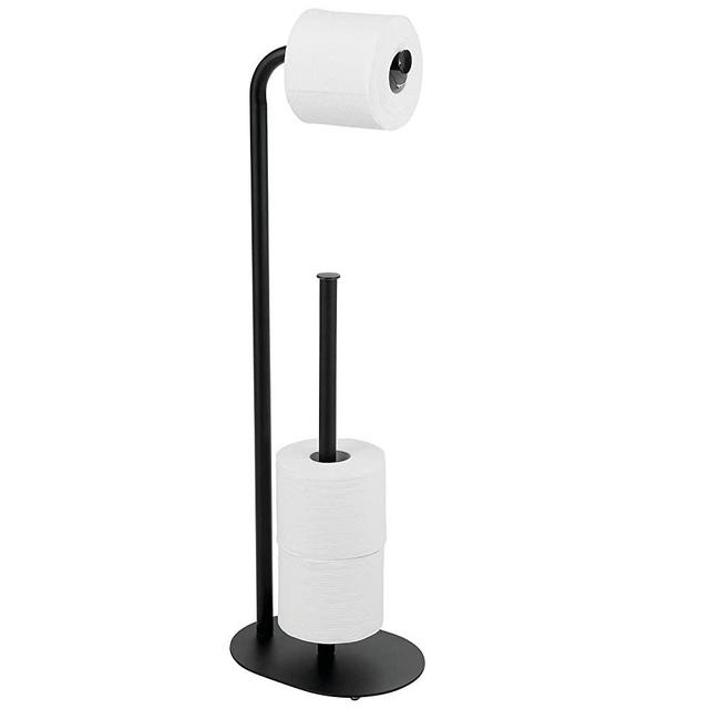 mDesign Modern Metal Freestanding Toilet Paper Roll Holder Stand and Dispenser with Storage for 3 Rolls of Reserve Toilet Tissue - for Bathroom Storage Organizing - Holds Mega Rolls - Matte Black