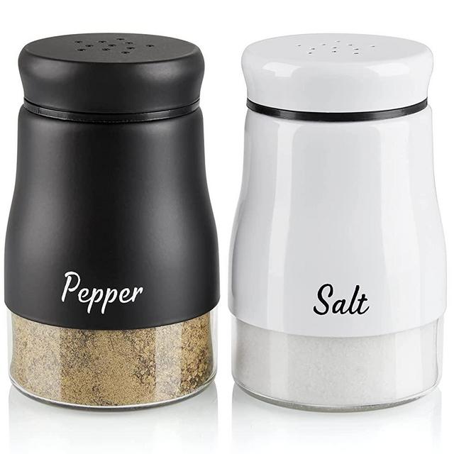 Farmhouse Salt and Pepper Shakers Set, Bivvclaz 5 Ounce Stainless Steel Salt and Pepper Dispenser with Glass Bottom, Cute Salt and Pepper Shakers for Farmhouse Modern Home Kitchen Decor, Easy Filling