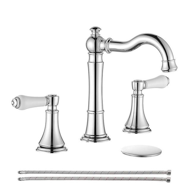 Roffenny Porcelain 2-Handle Chrome Bathroom Faucets 8 inch Widespread for 3 Holes with Plastic Pop-Up Drain & 2Pcs Water Supply Lines, Classic Chrome Bathroom Vanity Sink Faucet, Brass Swivel Spout