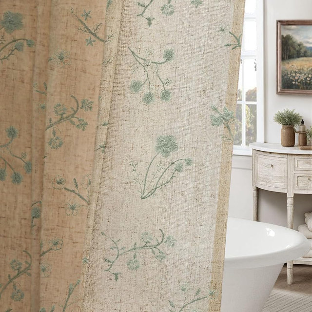 XOGUIBO Green Floral Farmhouse Vintage Linen Shower Curtain, French Country Embroidered Textured Shower Curtains for Bathroom, 72Wx72H