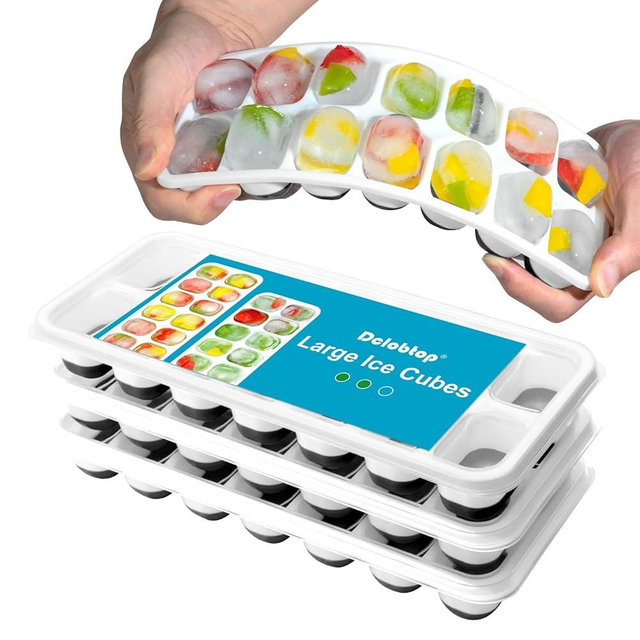 Ice Cube Trays for Freezer - 3 Pack 42 Ice Cubes, Easy to Release Plastic Silicone Ice Trays with Spill-Resistant Lids, Reusable Stackable Ice Tray for Cocktails, Drinks and Coffee, BPA-Free,Black