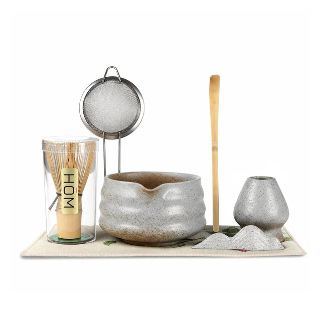 HOM Matcha Whisk Set - 7pc Matcha Set Includes Ceramic Bowl, Bamboo Whisk & Holder, Wooden Scoop & Holder, Sifter & Tea Towel