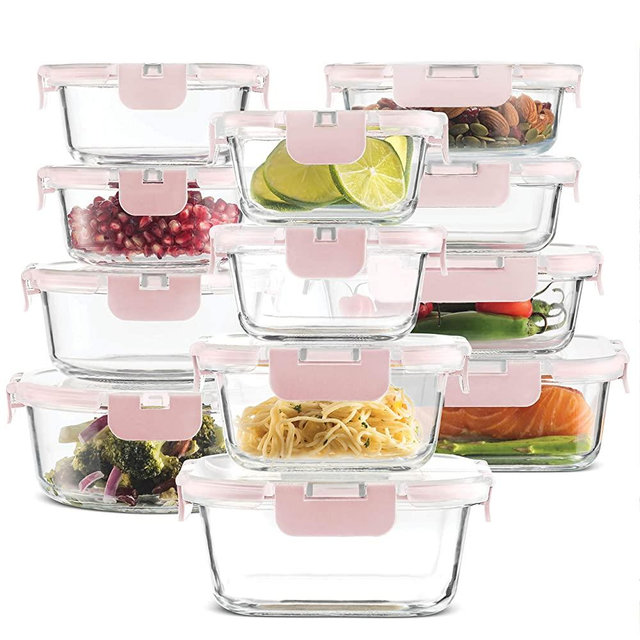 24-Piece Superior Glass Food Storage Containers Set - Newly Innovated Hinged BPA-free Locking lids - 100% Leakproof Glass Meal-Prep Containers, Great On-the-Go & Freezer-to-Oven-Safe Food Containers