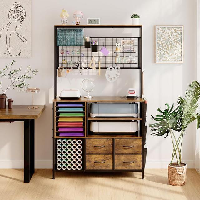 VENNQD Large Craft Organization and Storage Cabinet Compatible with Cricut Machines, Craft Table with Charging Station Crafting Desk with Tools Accessories Organizer with Vinyl Holder (Rustic Brown)